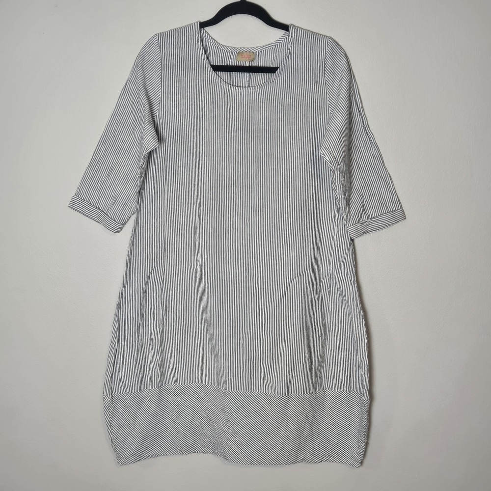Tulip Cotton Dress Sz S Seersucker Stripe 3/4 Sleeve Pockets Boho Cottagecore
